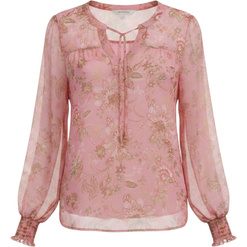 Joie Floral Blouse Womens XL Pink Polyester Boho Tie Neck Smocked Cuff Chic Top‎
